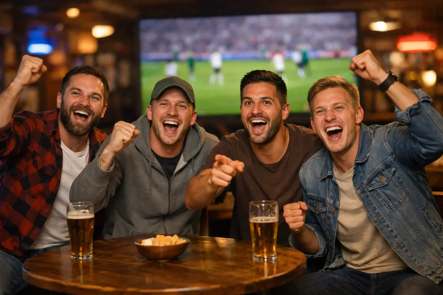 Grupo de aficionados viendo un partido de fútbol en un bar deportivo