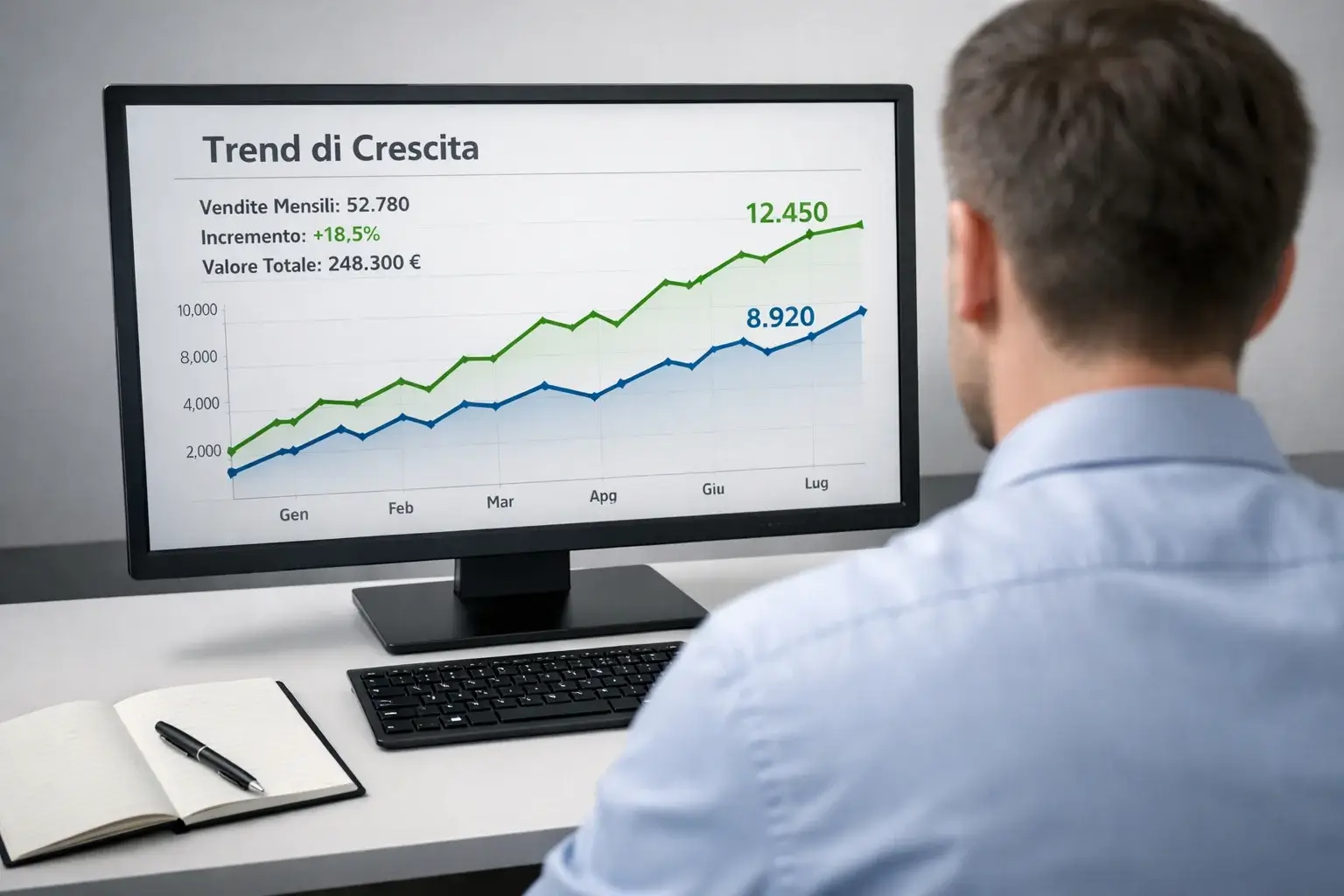 Persona analizando datos en una pantalla con gráficos de tendencias