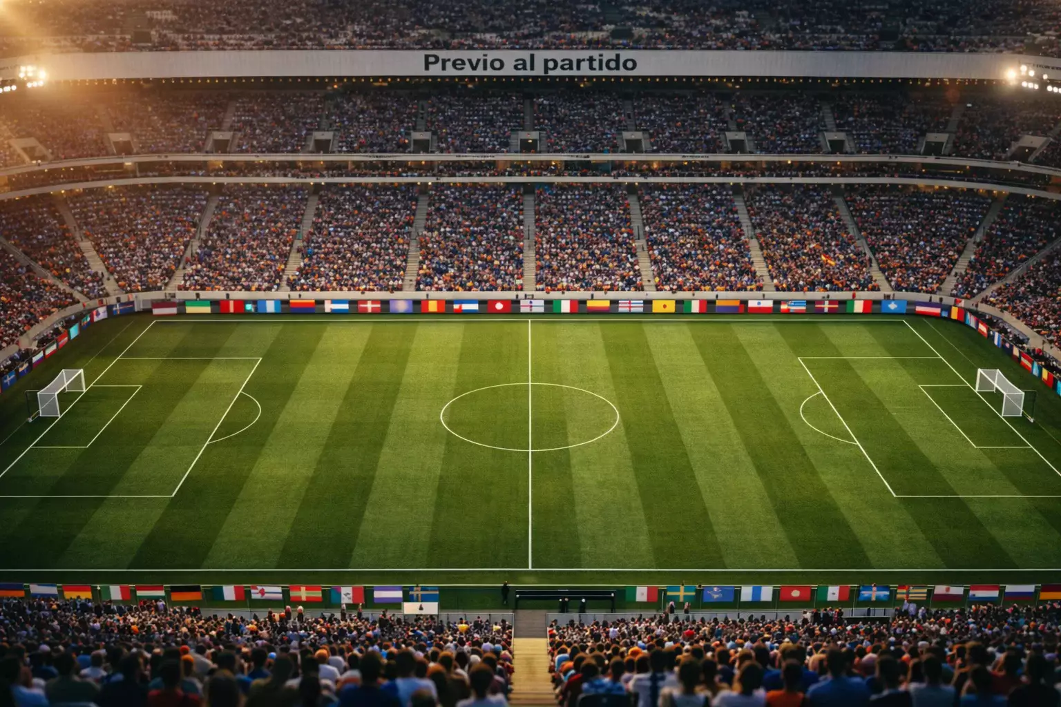 Vista aérea de un campo de fútbol con banderas de selecciones europeas alrededor del estadio