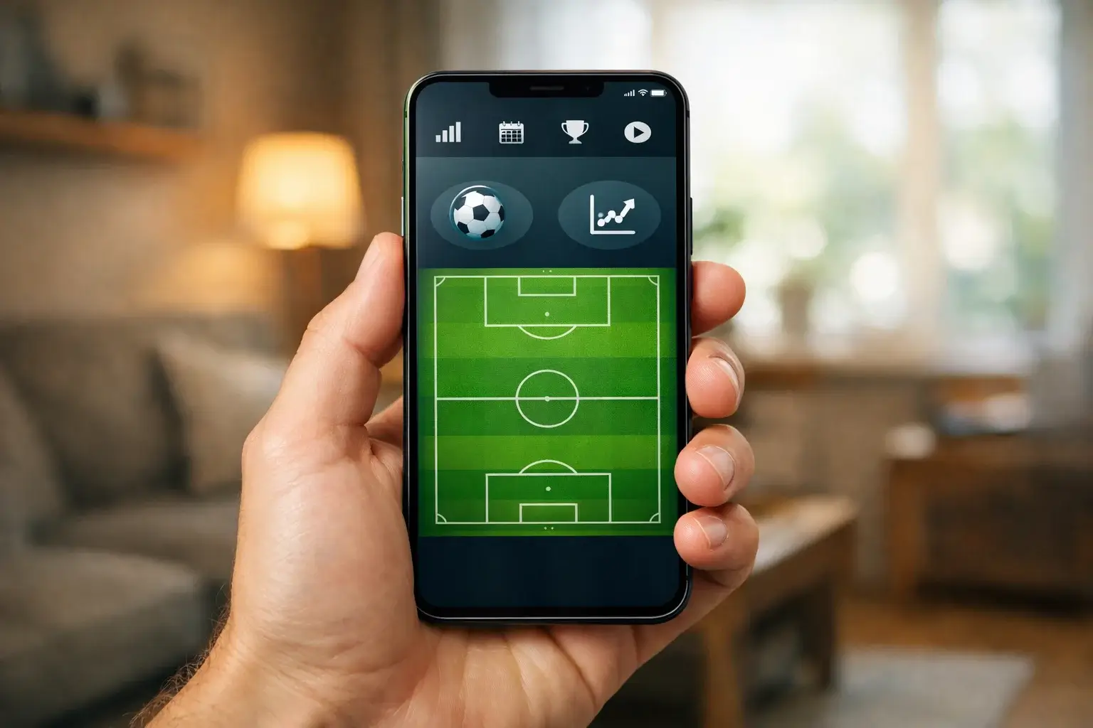 Mano sosteniendo un smartphone con una aplicación de apuestas deportivas