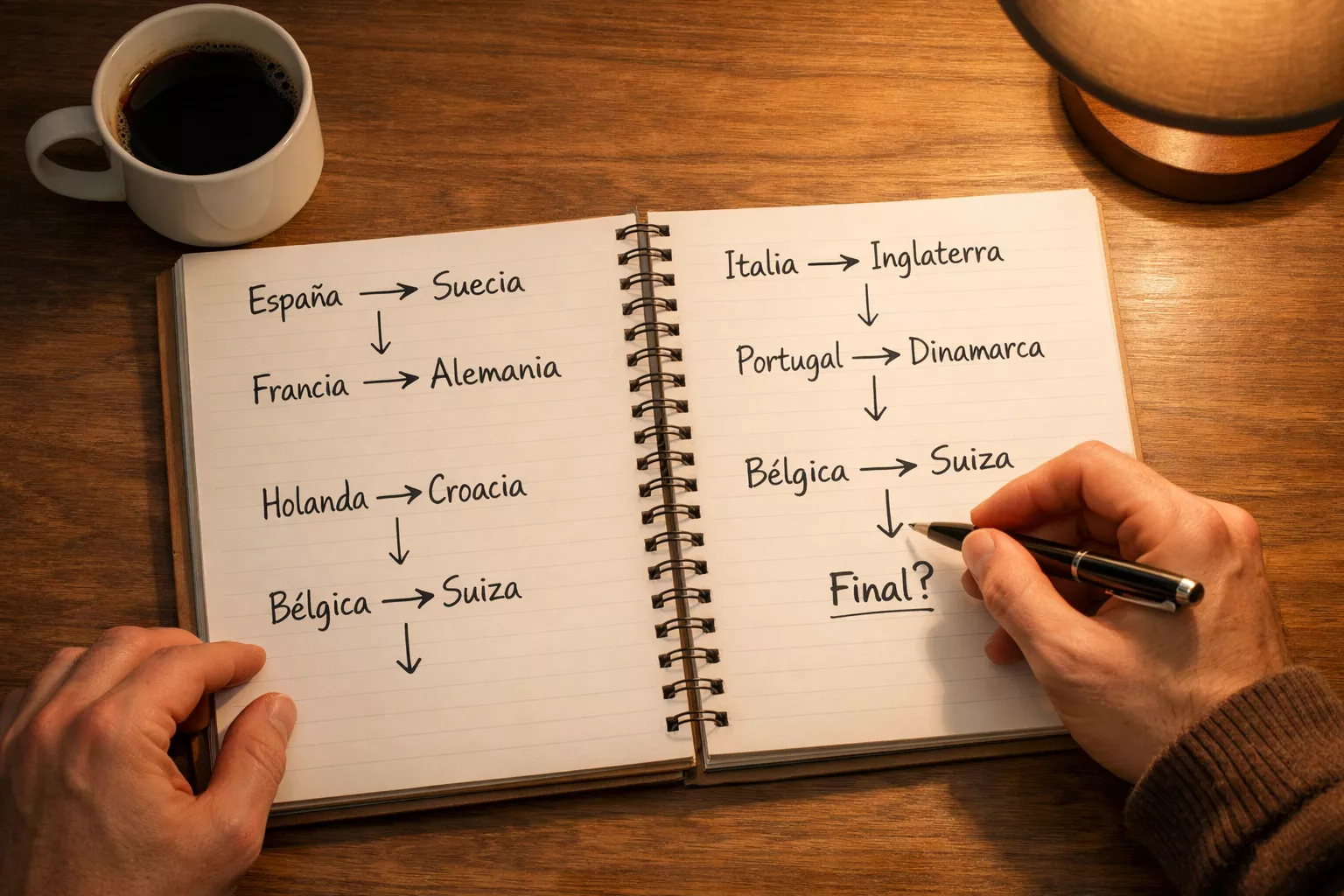 Persona analizando varios partidos de fútbol de la Eurocopa en un bloc de notas