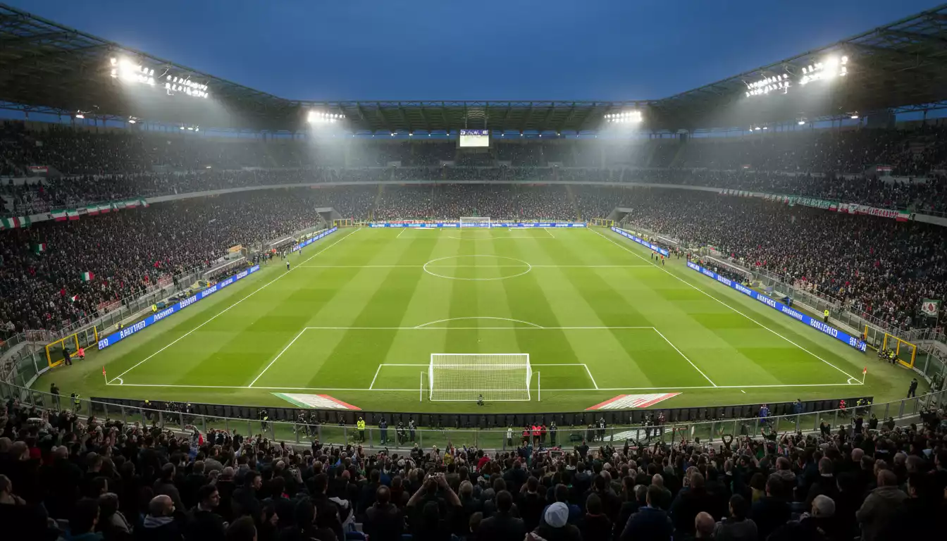 Estadio de fútbol europeo lleno de aficionados durante un partido nocturno de la Eurocopa