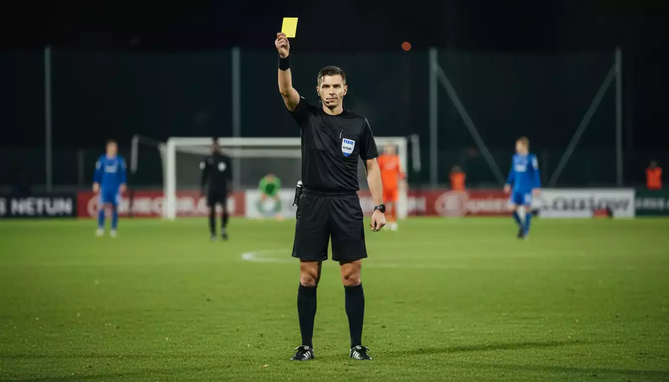 Árbitro mostrando una tarjeta amarilla durante un partido de fútbol de la Eurocopa