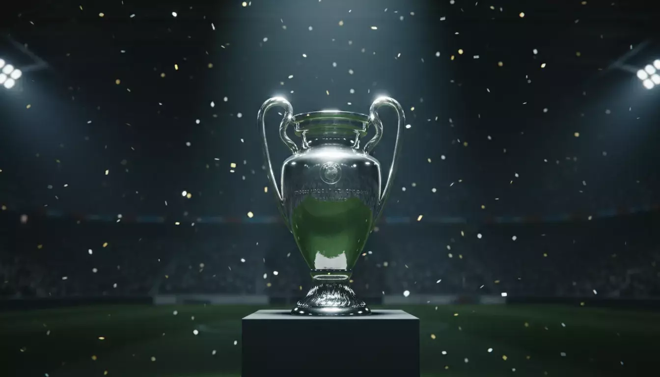 Trofeo de la Eurocopa sobre un podio iluminado en un estadio de fútbol