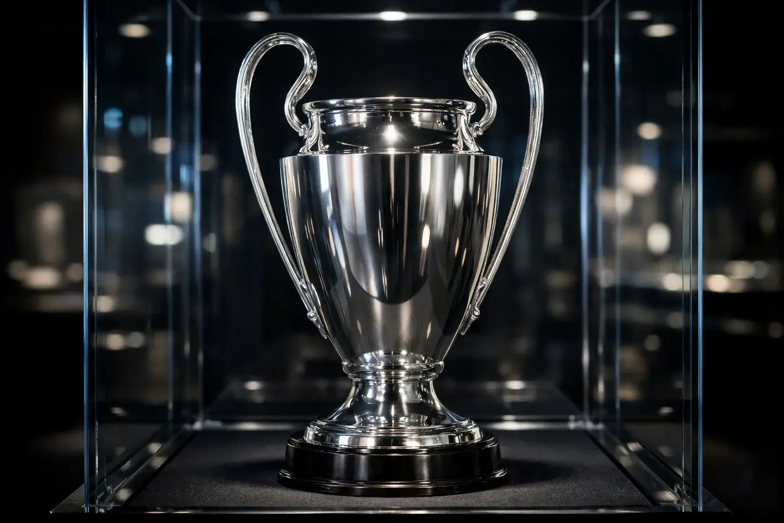 Trofeo de campeonato de fútbol europeo iluminado en vitrina