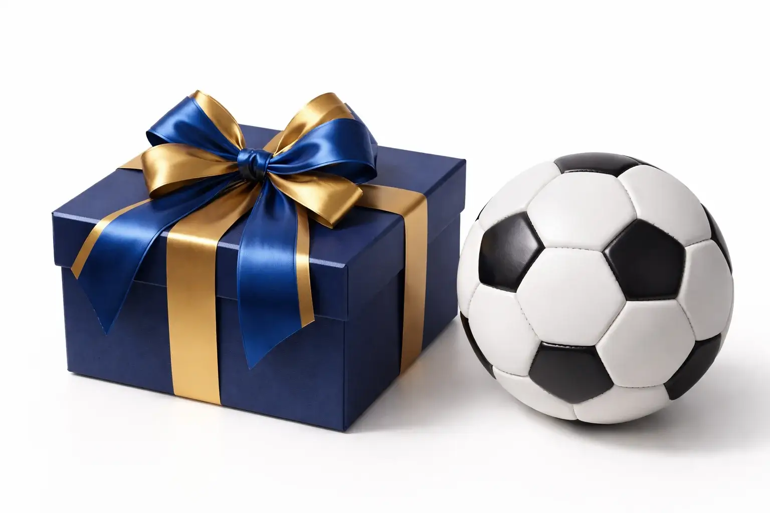 Símbolo de regalo promocional junto a un balón de fútbol
