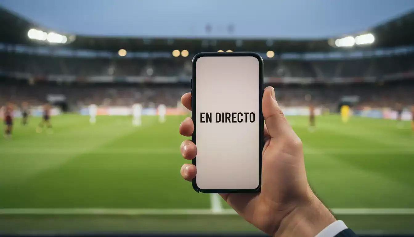 Mano de un aficionado sosteniendo un móvil con un partido de fútbol de fondo en el estadio