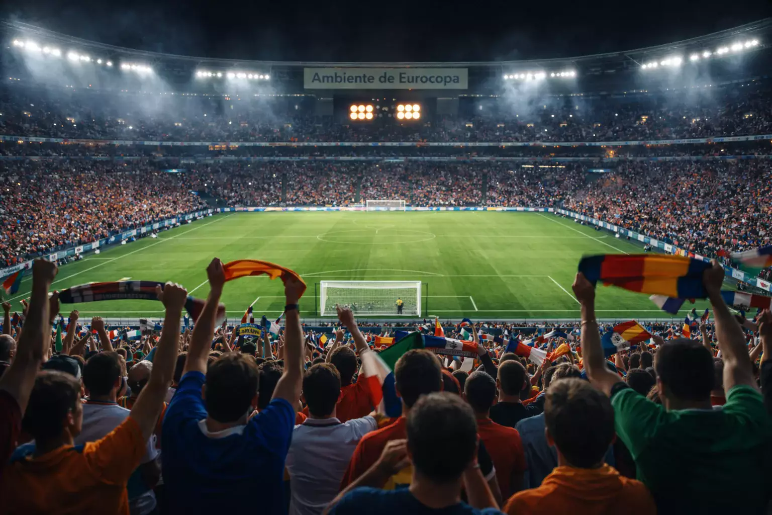Aficionados viendo un partido de la Eurocopa en un estadio de fútbol con marcador electrónico