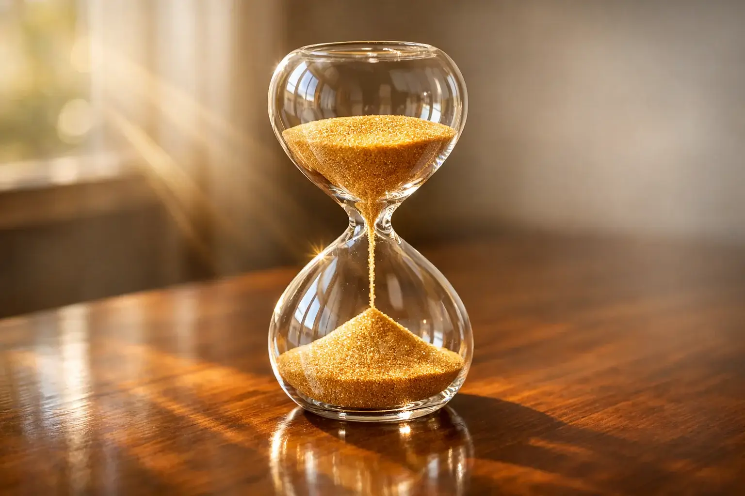 Reloj de arena sobre escritorio de madera con luz natural