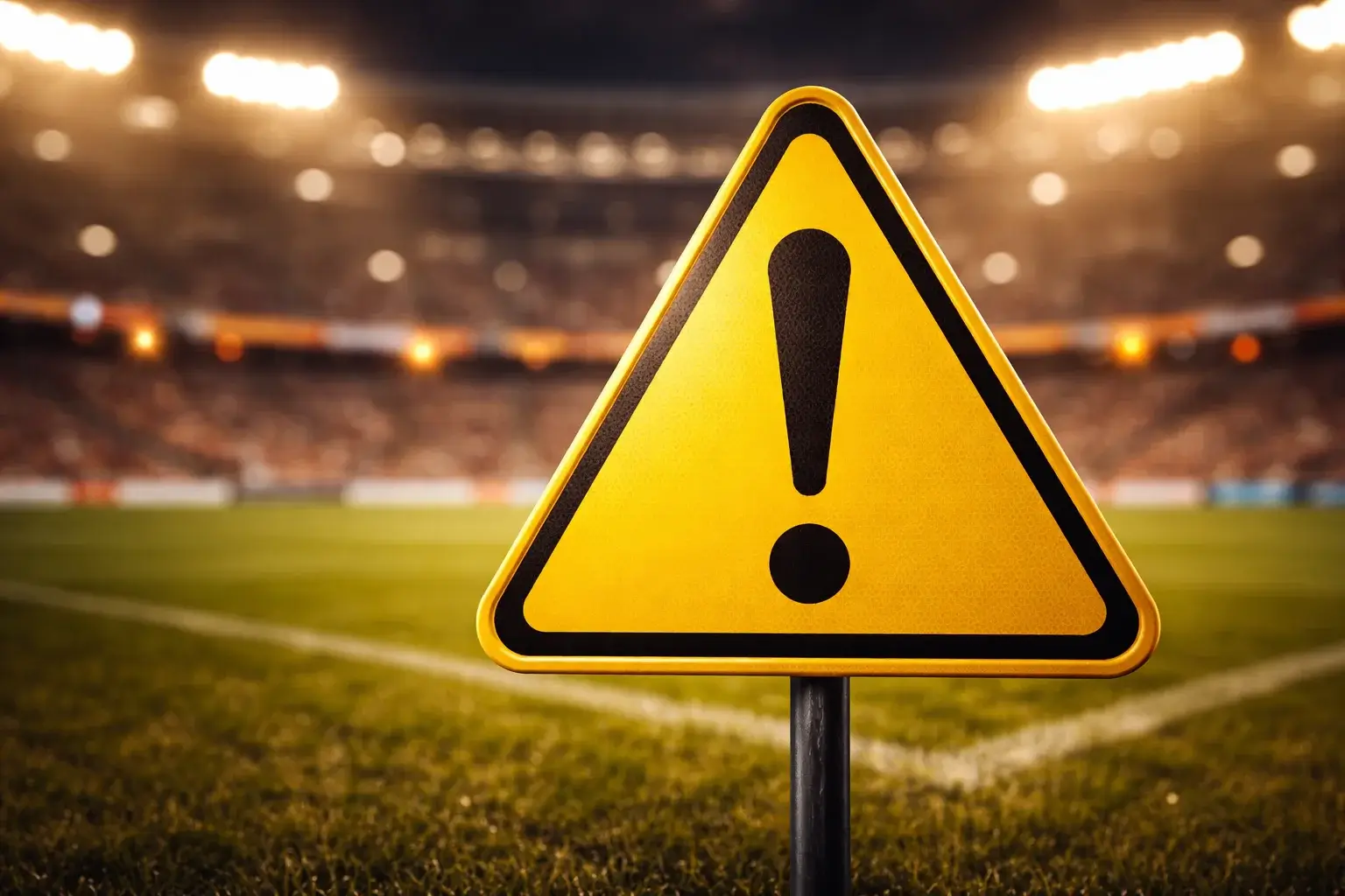 Señal de advertencia amarilla sobre fondo de estadio deportivo