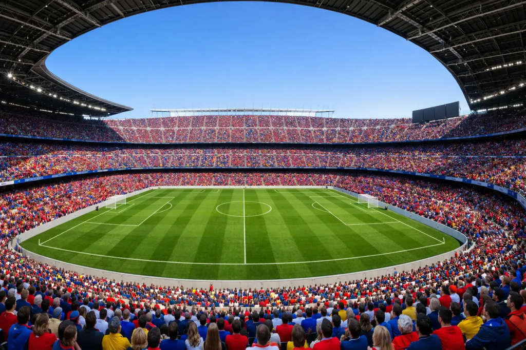 Vista panorámica de un estadio europeo lleno de aficionados con banderas de selecciones nacionales