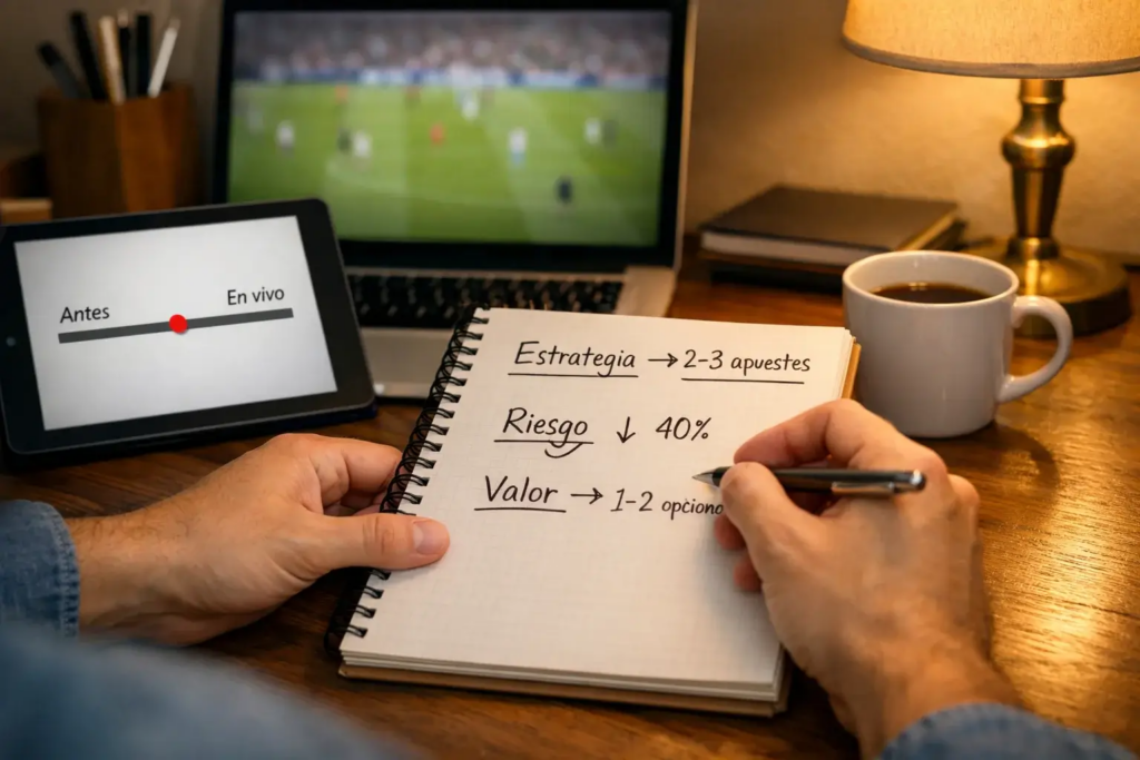 Persona tomando notas en un bloc mientras analiza estadísticas de partidos de fútbol