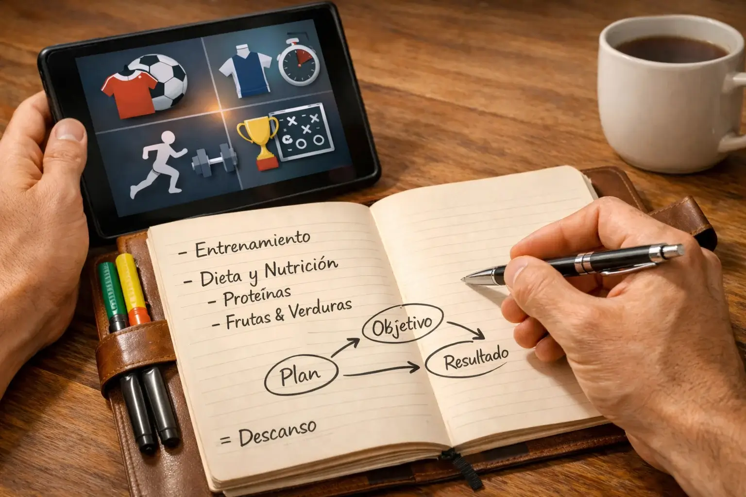 Persona tomando notas mientras analiza información deportiva