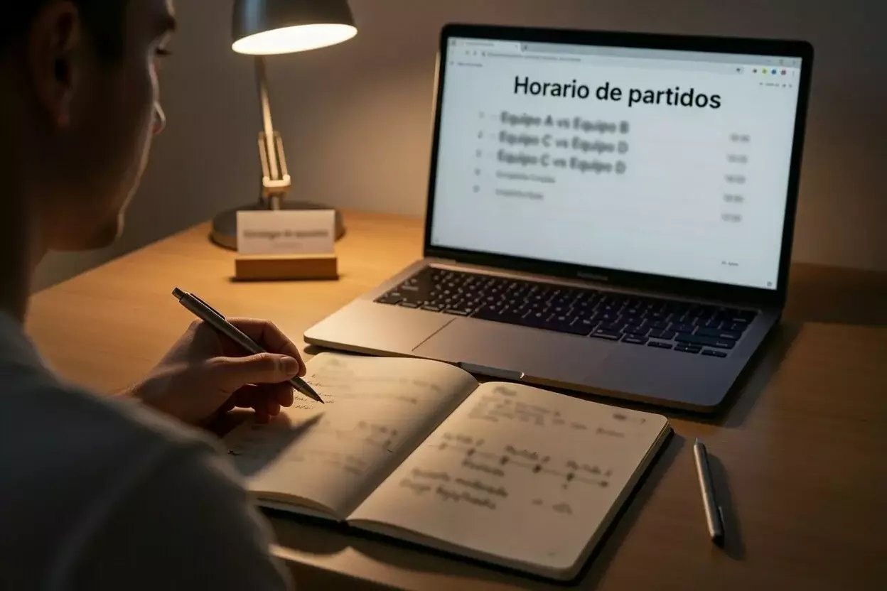 Persona planificando apuestas de la Eurocopa con un bloc de notas y bolígrafo junto a una pantalla