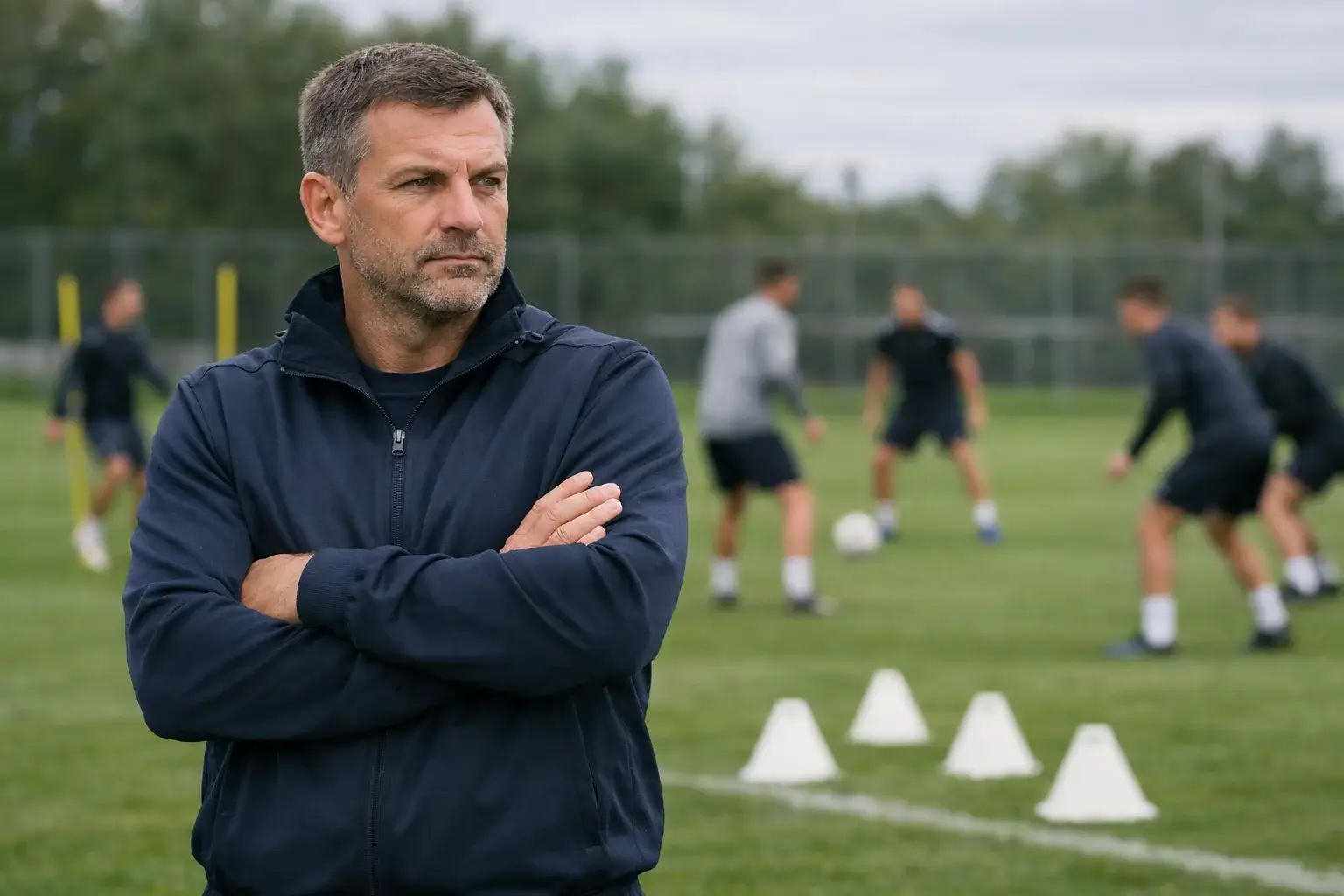 Entrenador de fútbol observando a sus jugadores durante el entrenamiento
