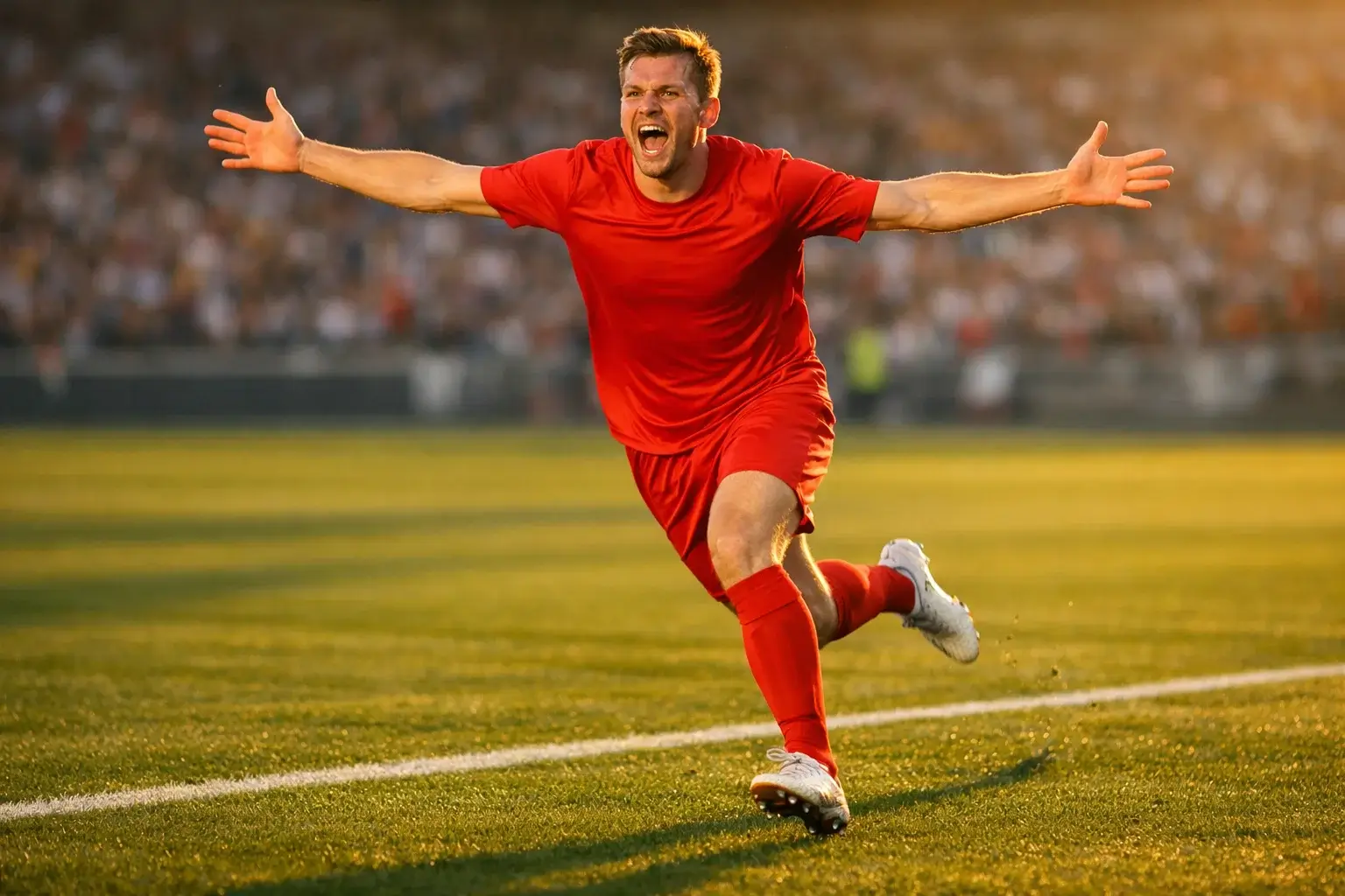 Futbolista celebrando un gol con los brazos abiertos en el césped