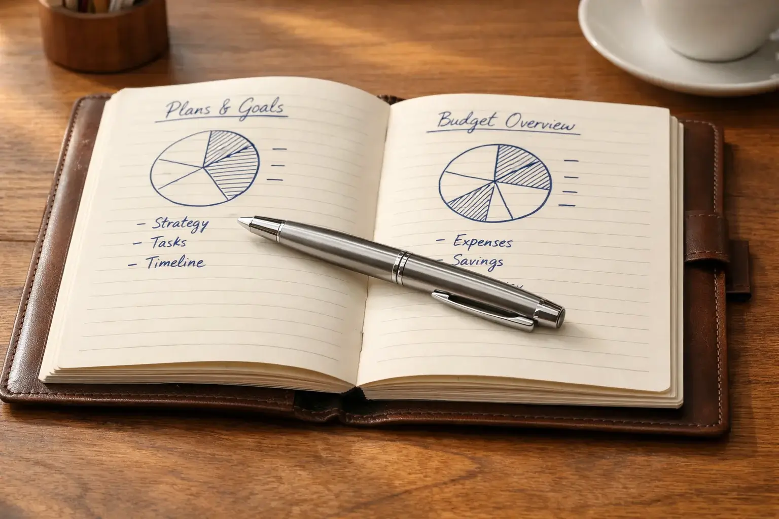 Cuaderno con anotaciones de planificación financiera y bolígrafo
