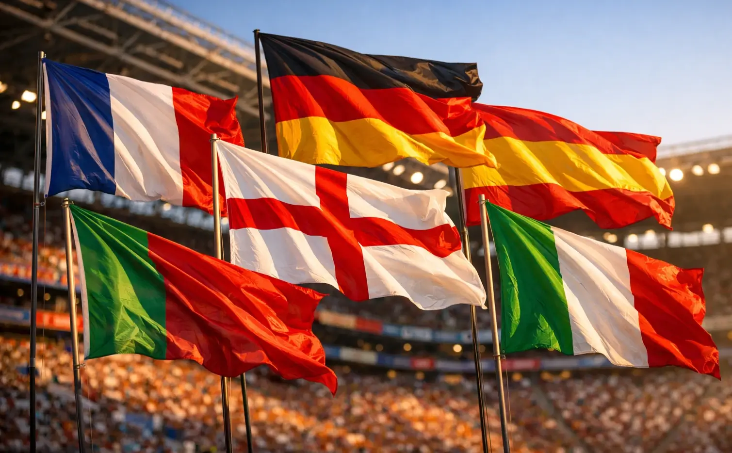 Banderas de selecciones europeas ondeando en un estadio de fútbol