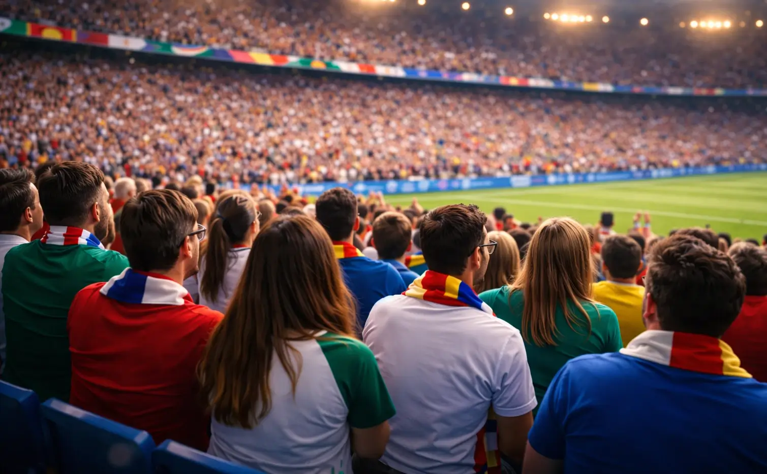 Aficionados celebrando en un estadio durante un partido de fútbol europeo