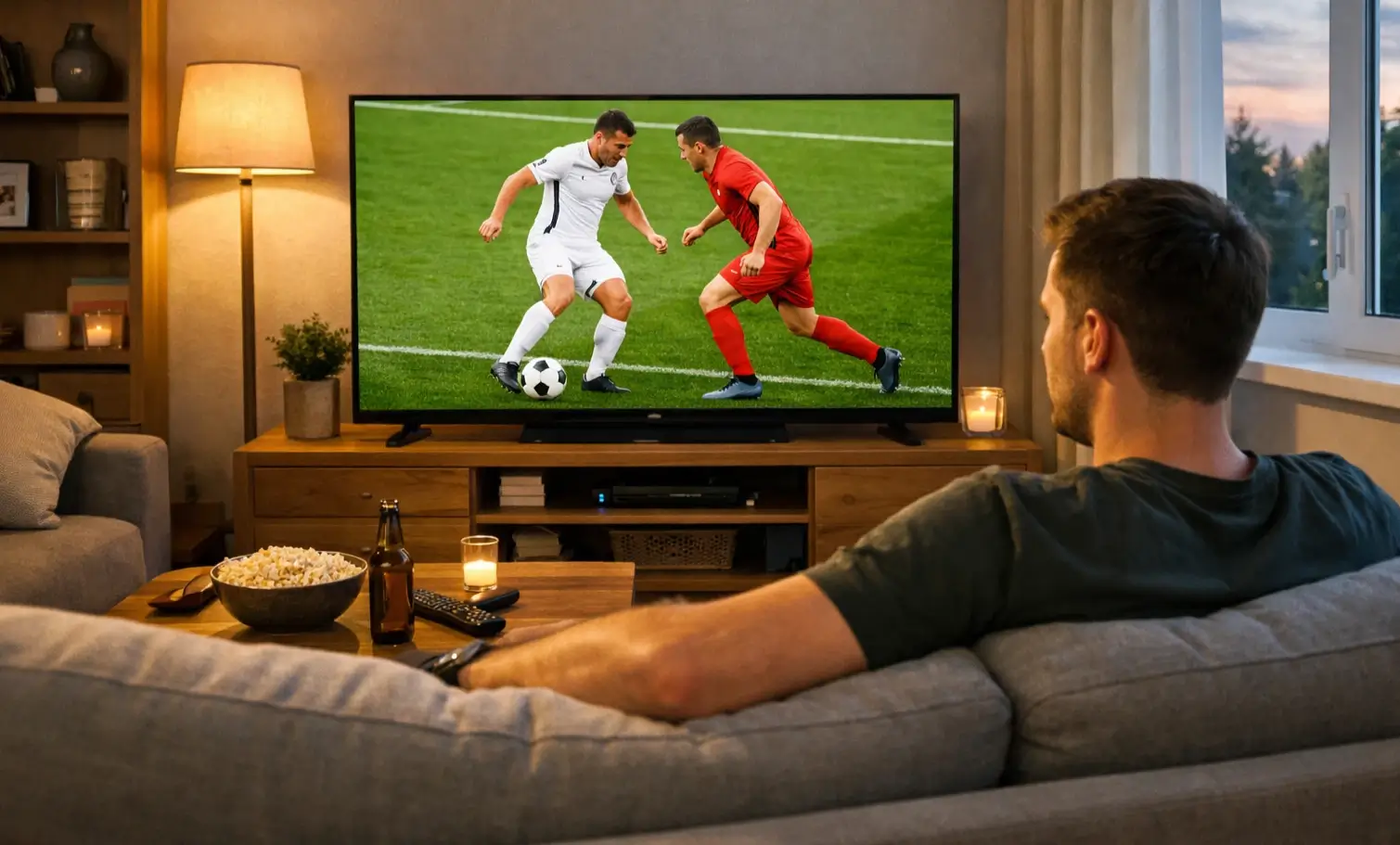 Joven aficionado viendo un partido de fútbol en televisión con entusiasmo