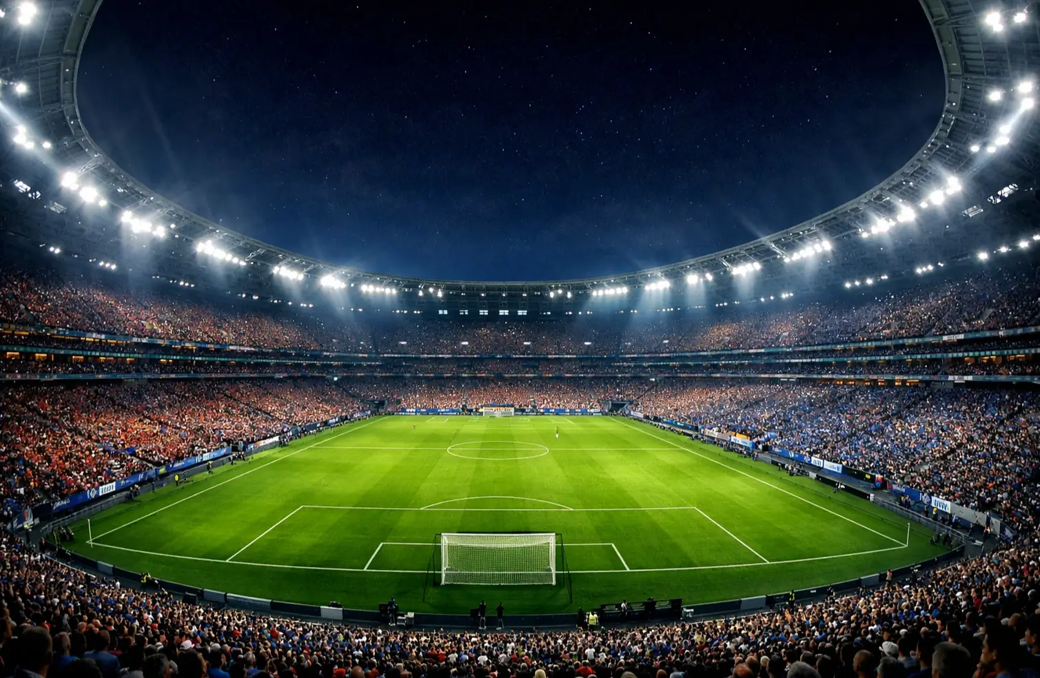 Vista panorámica de un estadio de fútbol europeo durante un partido nocturno