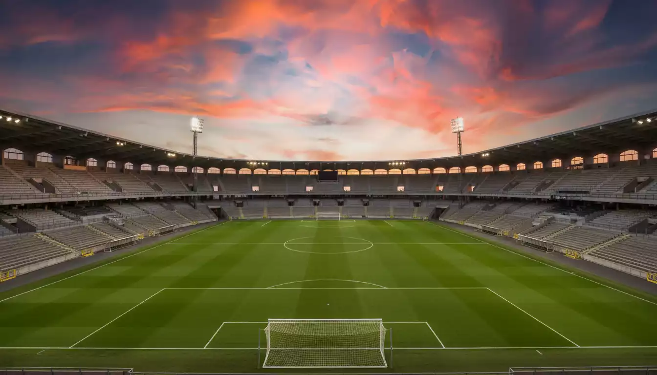 Vista panorámica de un estadio de fútbol europeo clásico iluminado al atardecer