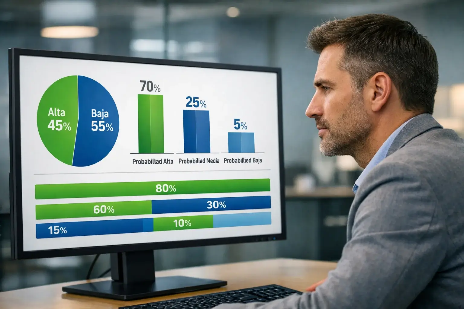 Analista revisando datos de probabilidades en pantalla