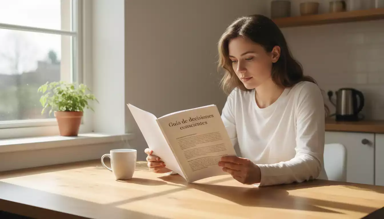 Persona leyendo una guía de apuestas responsables con una taza de café en un entorno tranquilo