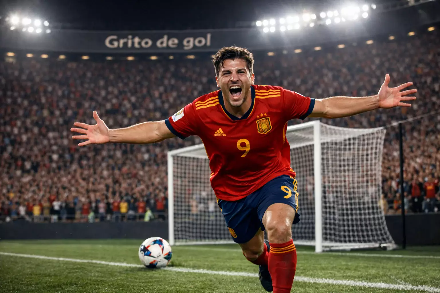Delantero de fútbol celebrando un gol en un partido de la Eurocopa con los brazos abiertos