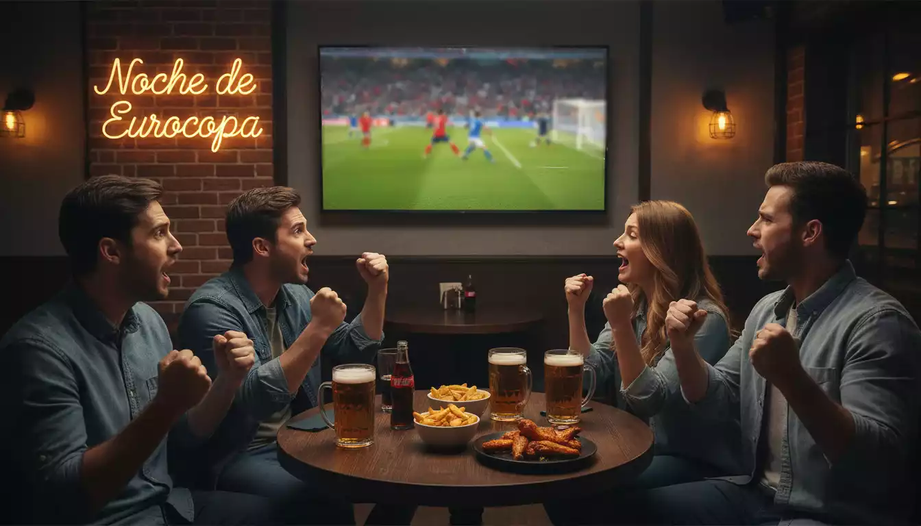 Aficionados viendo un partido de fútbol de la Eurocopa en una pantalla grande
