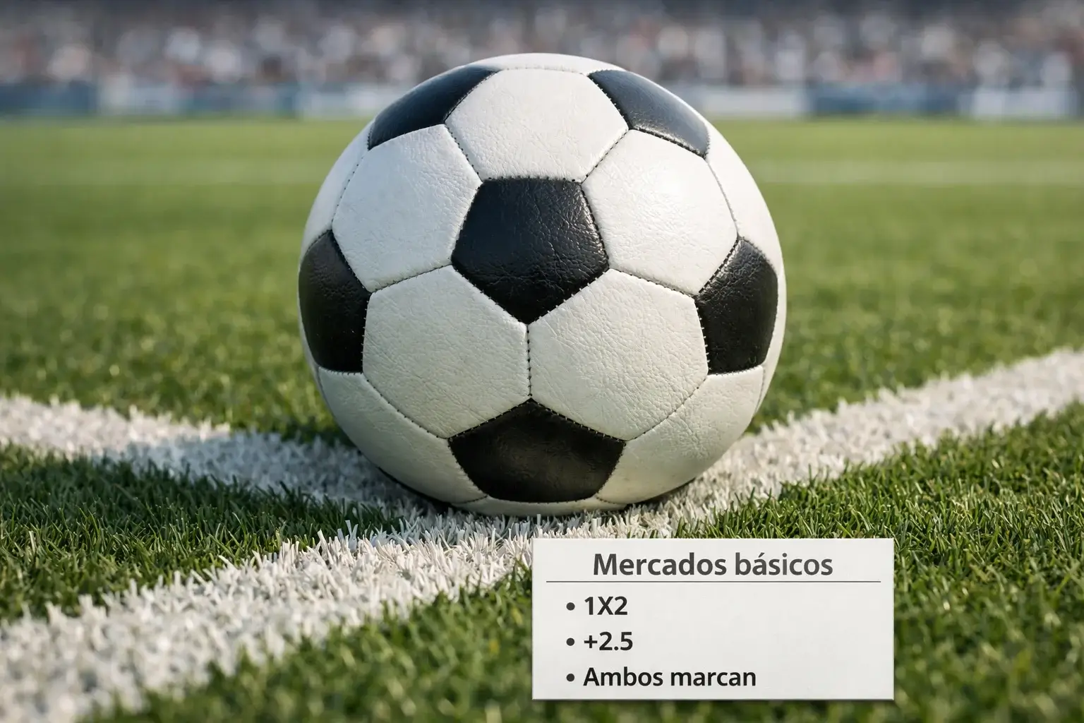 Balón de fútbol sobre césped verde con líneas blancas del campo