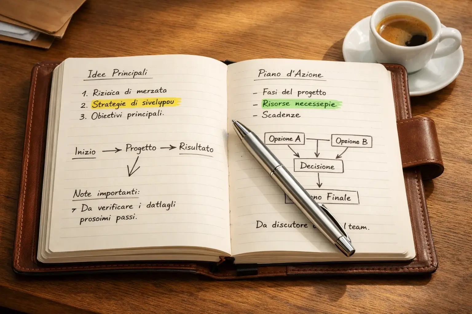 Cuaderno abierto con notas de estrategia junto a un bolígrafo
