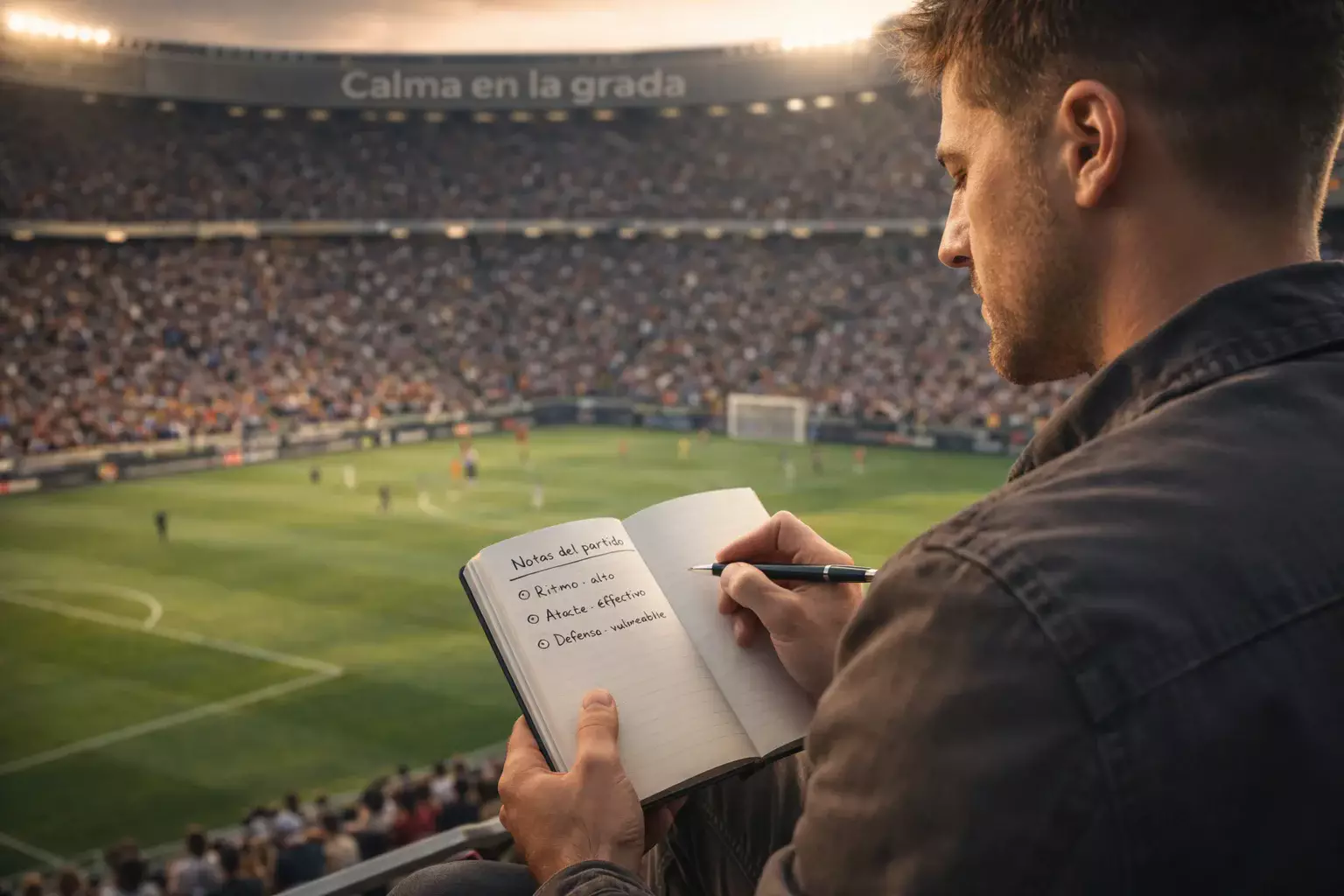 Persona concentrada tomando notas durante un partido de fútbol en un estadio europeo