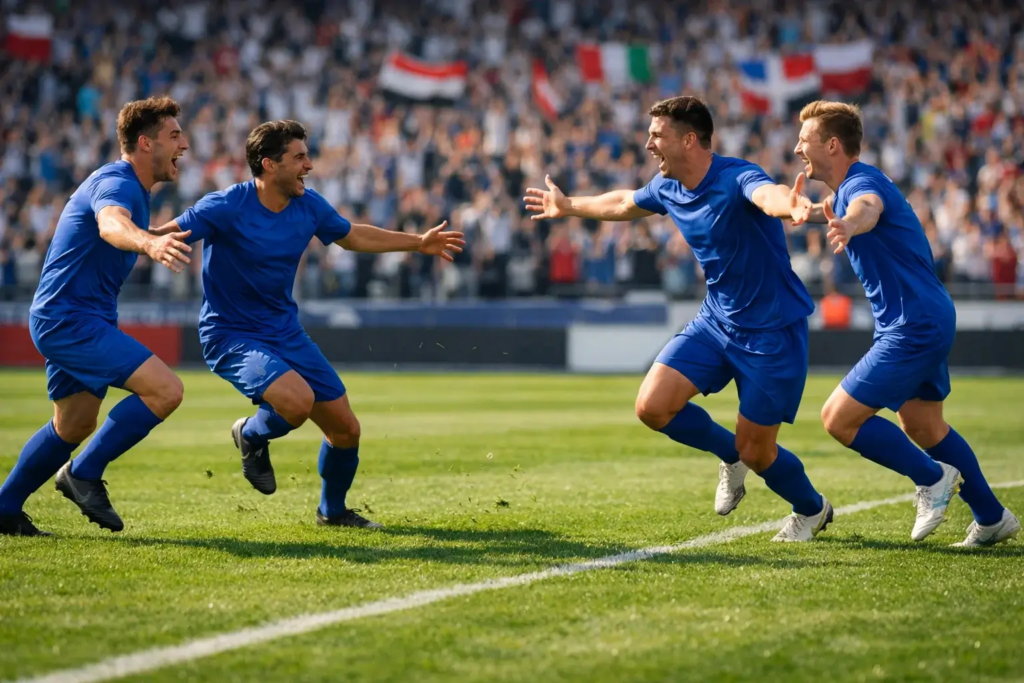 Jugadores de fútbol de una selección europea celebrando un gol en un partido internacional