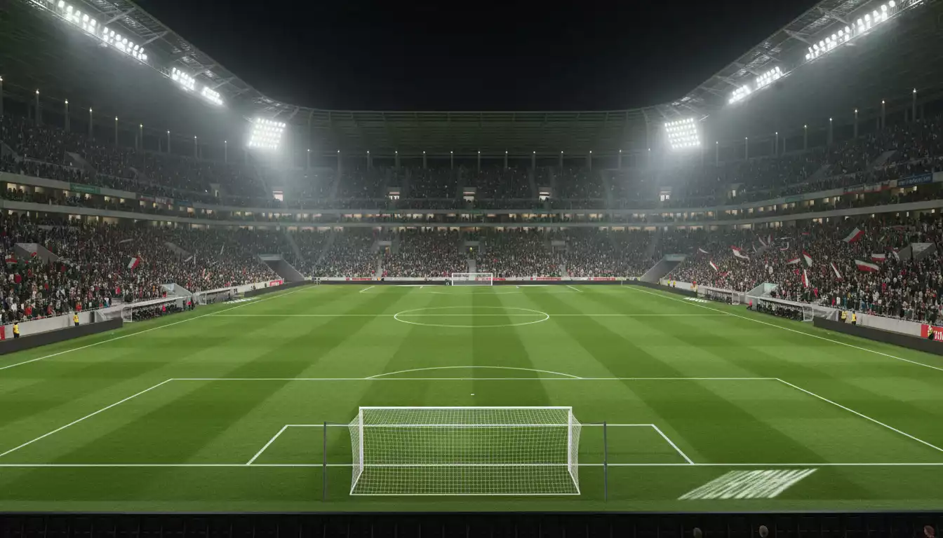 Estadio de fútbol europeo lleno de aficionados durante un partido de la Eurocopa