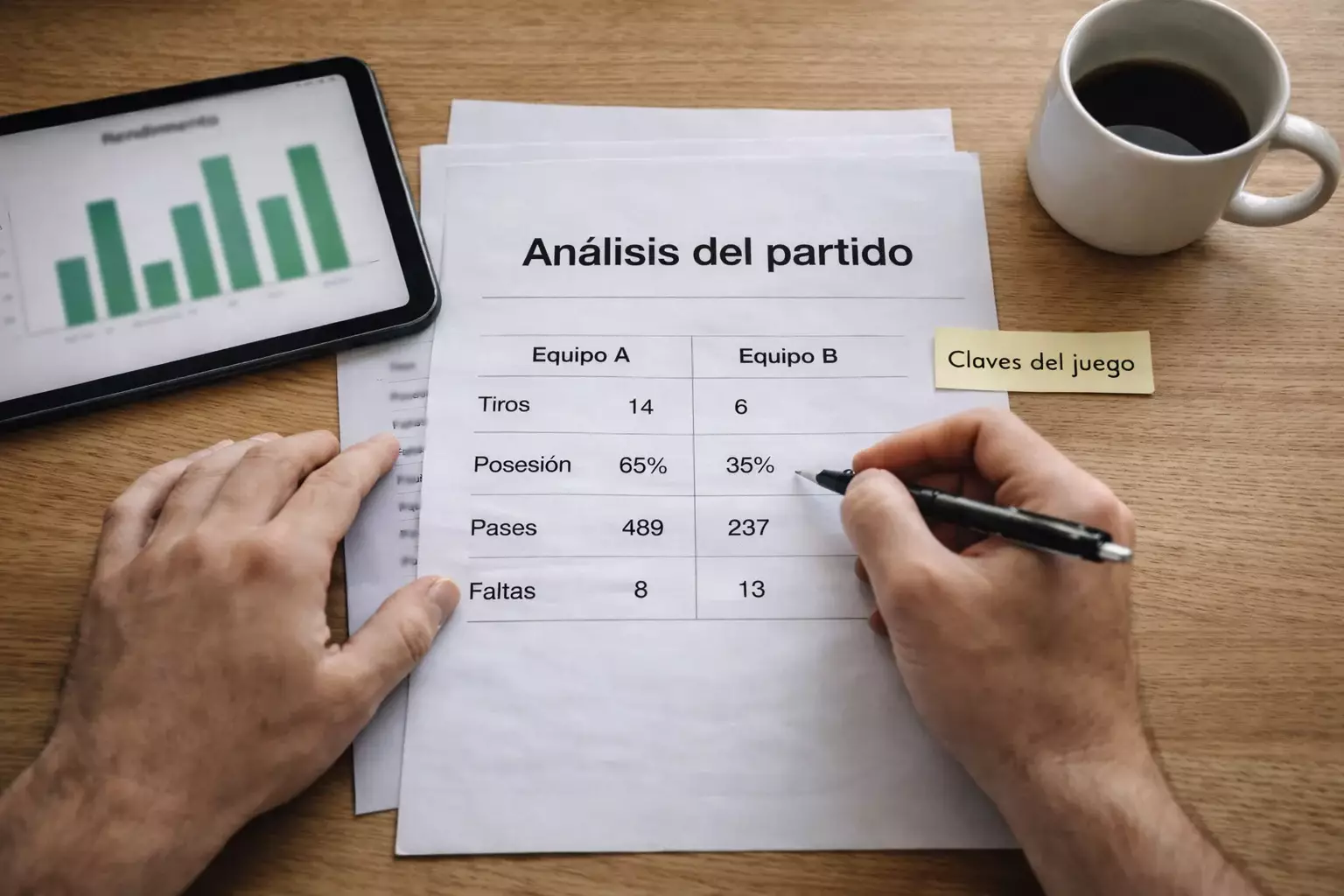 Persona tomando notas sobre análisis de partidos de fútbol con documentos y estadísticas
